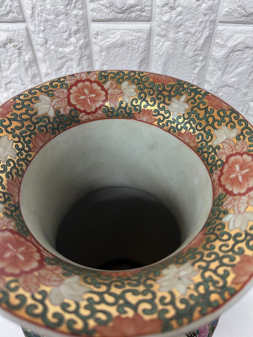 広東絵 粉彩 大花瓶 仕女図 花鳥 46cm 金彩 装飾壺　中国美術