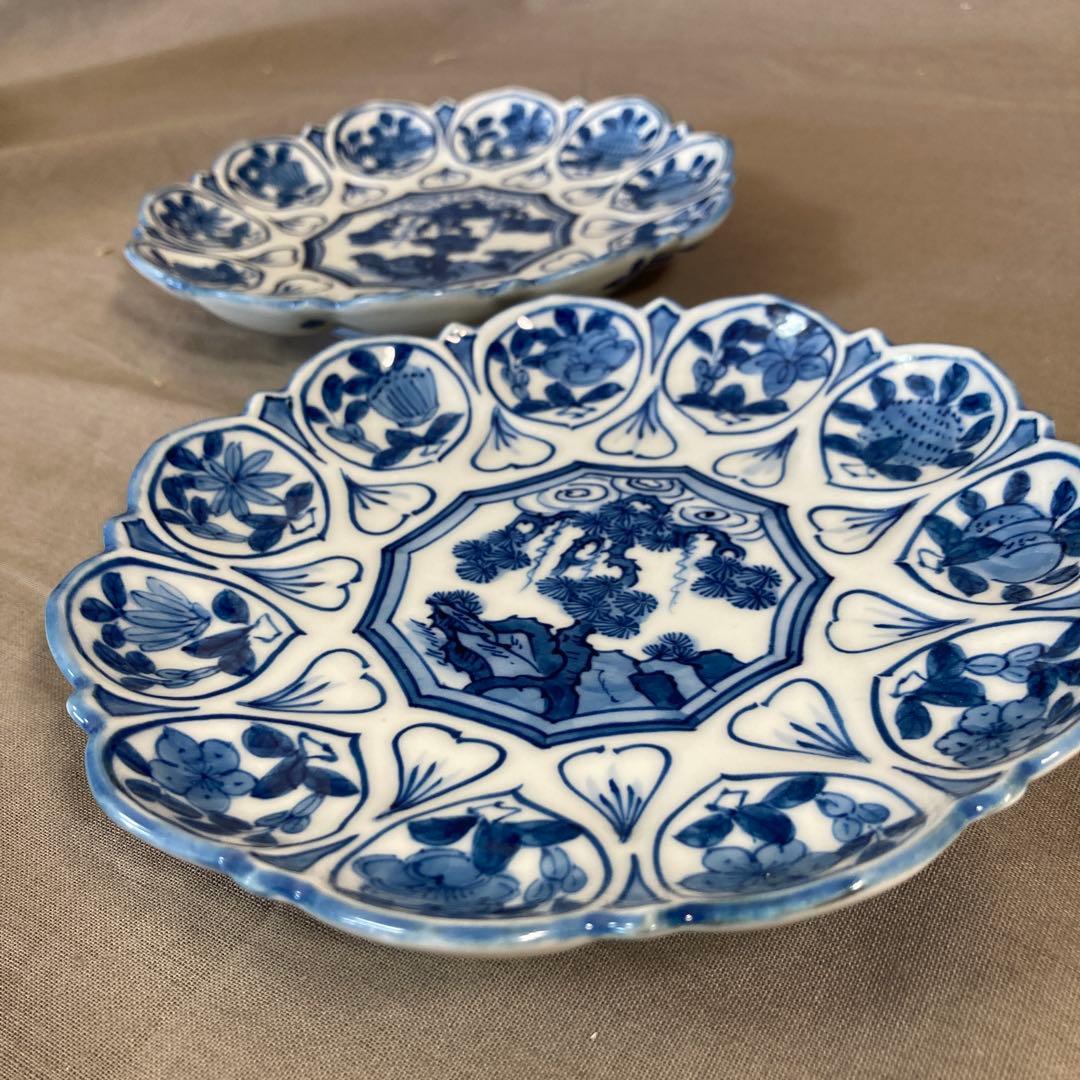 源右衛門】古伊万里の伝統 日本の名窯 舘林源右衛門作 染付輪花文 皿二