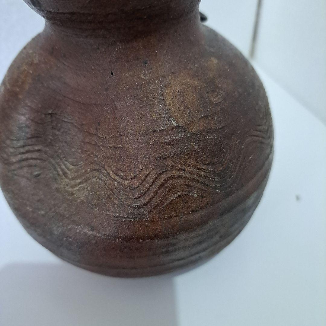 すずらん 桃山時代　古備前焼　花入 掛け用　瓢箪型　竹へら波図　茶道具