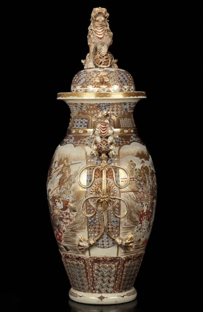 【極上薩摩焼】特大金襴手色絵賢人図獅子摘蓋獅 香炉 飾壺 時代骨董 古美術アート