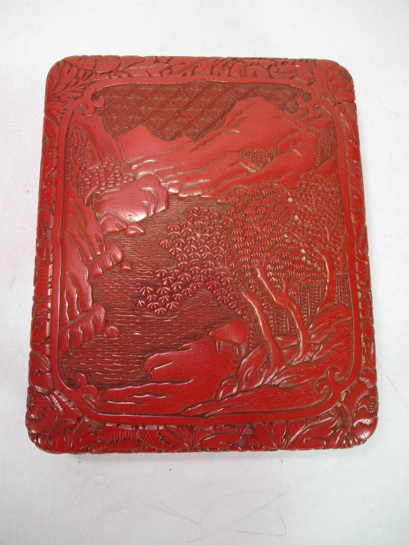 堆朱　漆器　山水図　文庫　文箱　硯箱　木製　緻密彫刻　文房具　中国美術　時代物