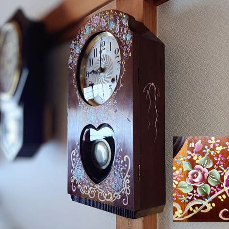 〈完動・美品〉ローヤル時計一点物特注品　ハート型面取り硝子ゼンマイ振り子掛け時計