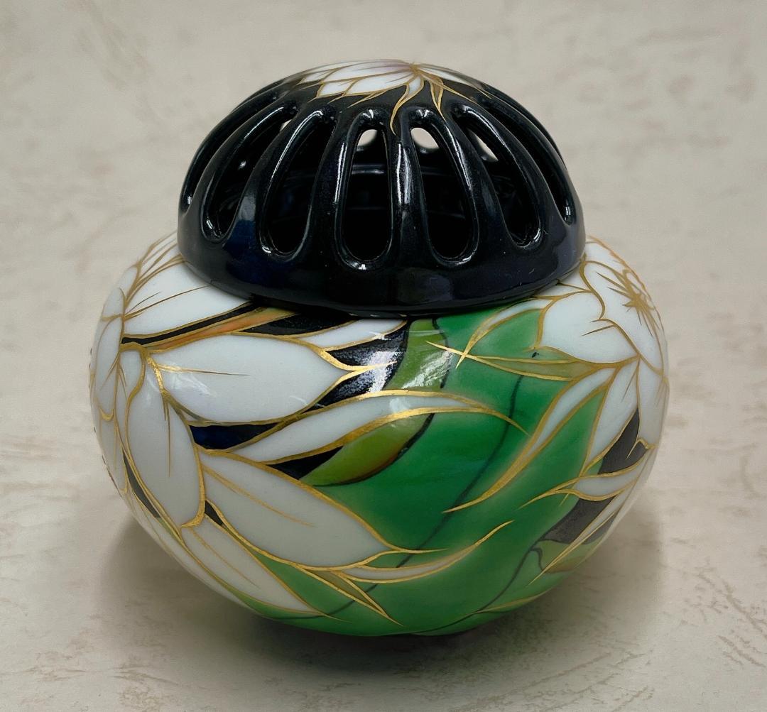 絶品！清水焼香炉★手描きオーダー発注品◆黒地×月下美人