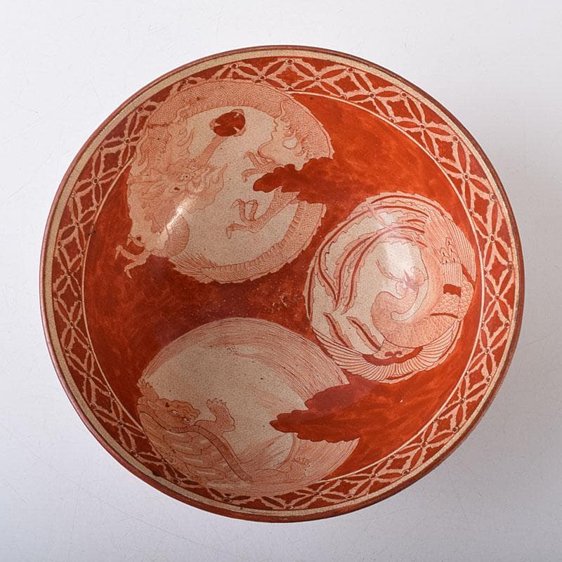 九谷焼 古九谷 八郎手 赤絵 神獣文 鉢 時代箱 M R8749