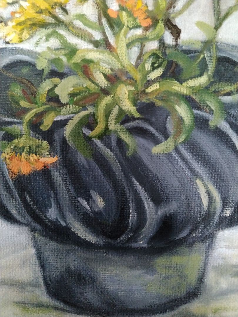 静物画 黒い花瓶 黄色の花