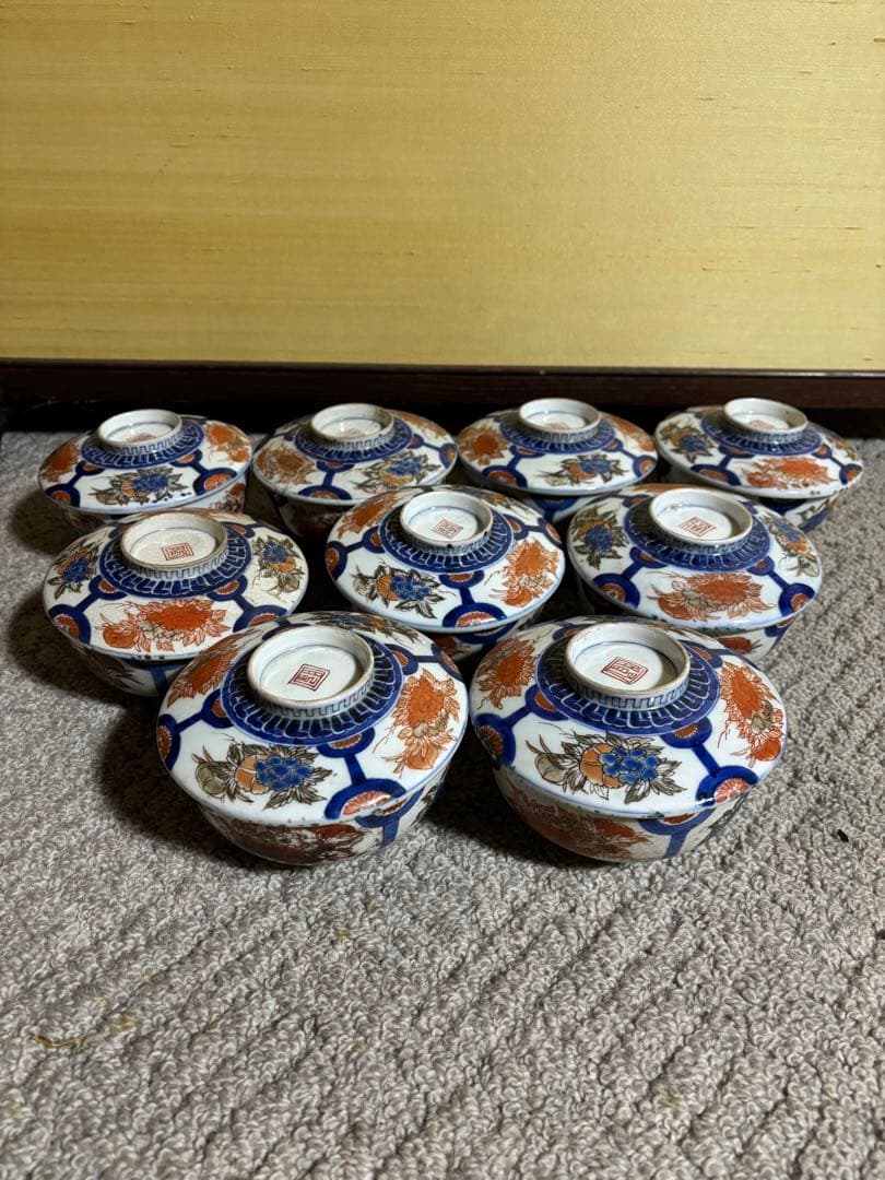 古伊万里色絵金彩蓋茶碗 江戸〜明治期 蓋付き御茶碗 麒麟 銘あり 染付