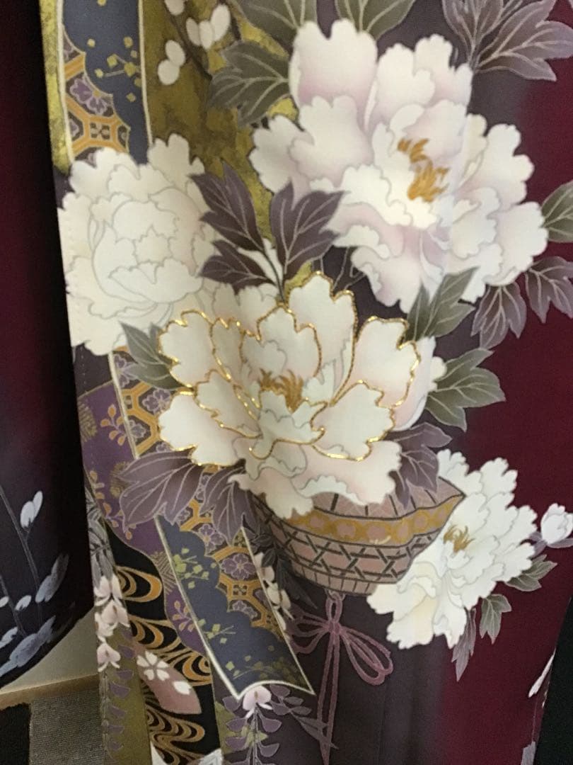 振袖セット 赤 エンジ 牡丹花 金彩 振袖6点セット 正絹 成人式 卒業式