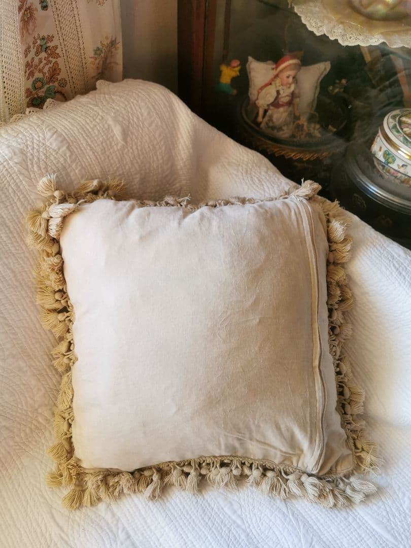 アンティークニードルポイント プチポワン薔薇色の多弁の花 リネン