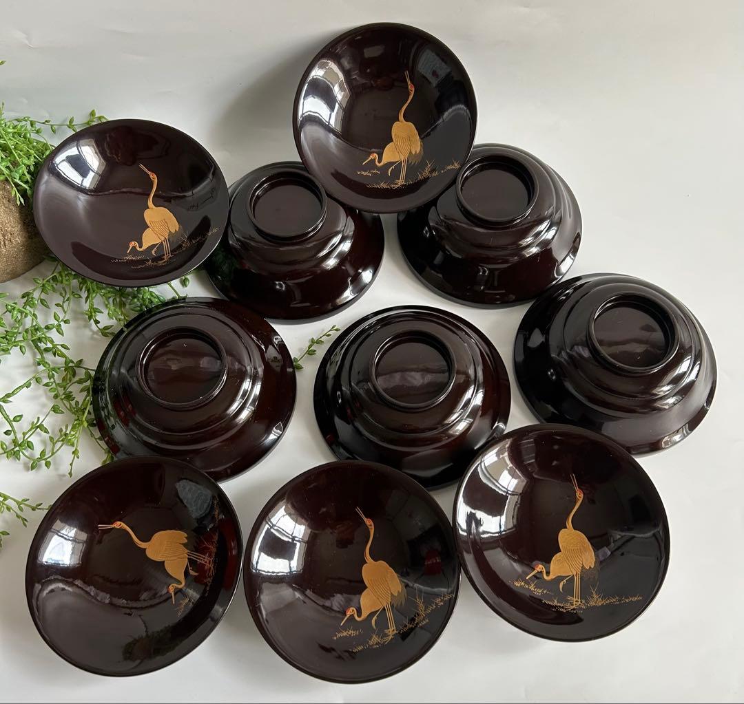 漆器 輪島塗天然木製 金蒔絵松と鶴の模様縁起柄煮物椀吸い物椀蓋付5客