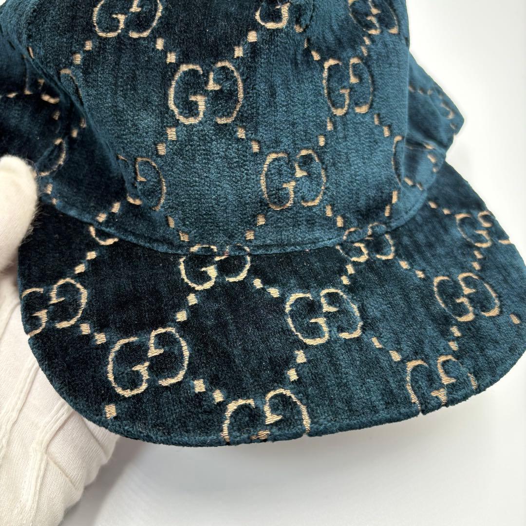 美品】【希少XL】グッチ キャップ ベルベット ターコイズ GG柄