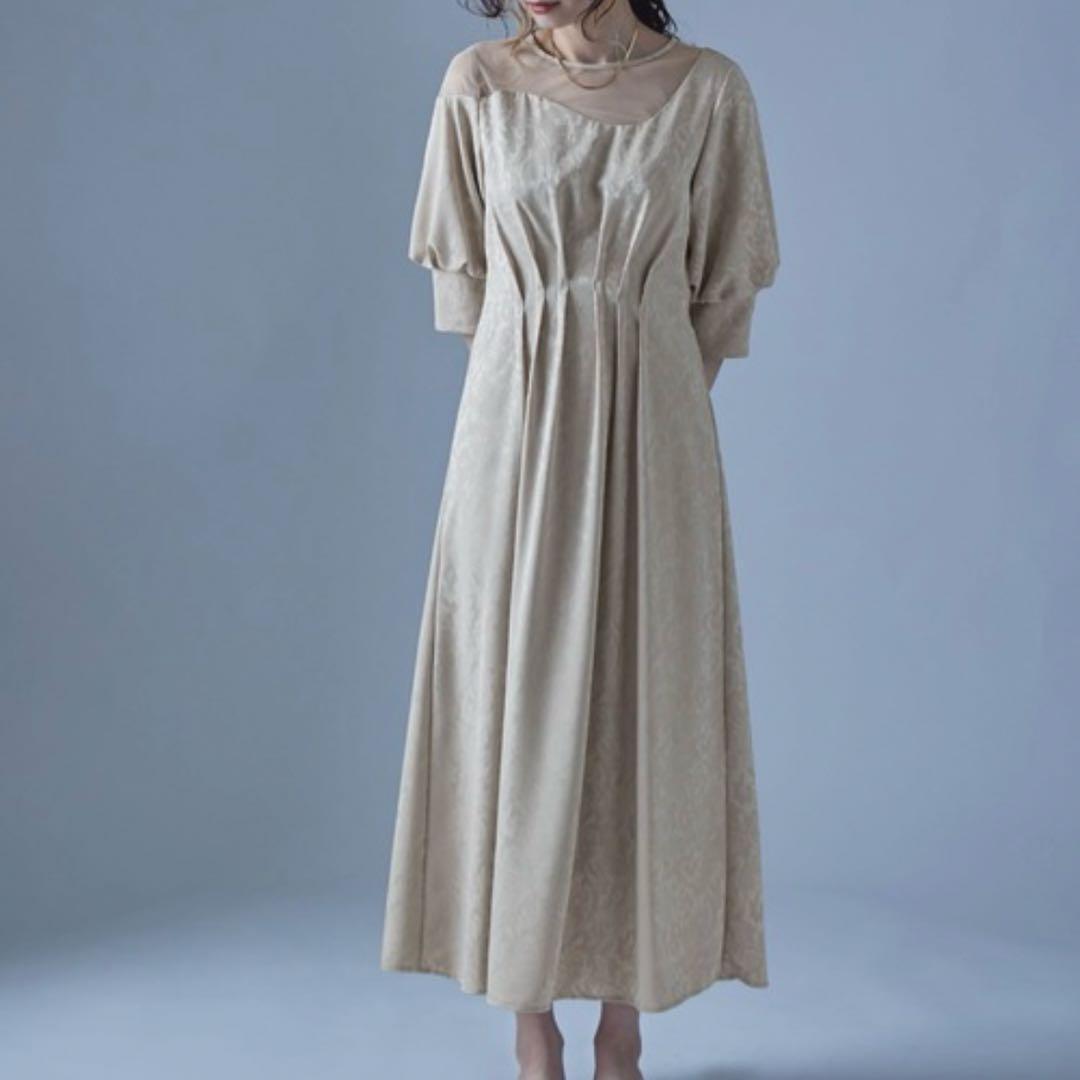 【完売品】　etoll.　ミアンダリングウエストタックフレアドレス　ベージュ　S