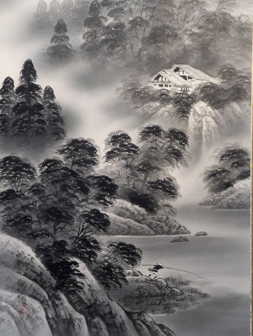 【真作】掛軸　内藤白嶺　水墨山水　静けさ漂う日本画　共箱入　T65