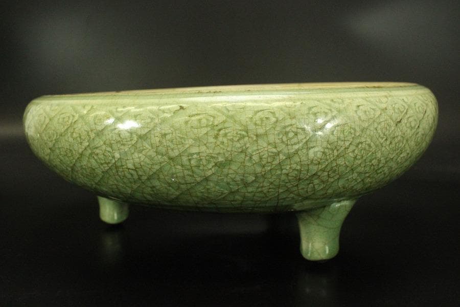 中国美術 七官青磁 三足 水盤 瓶掛 時代物(A880)