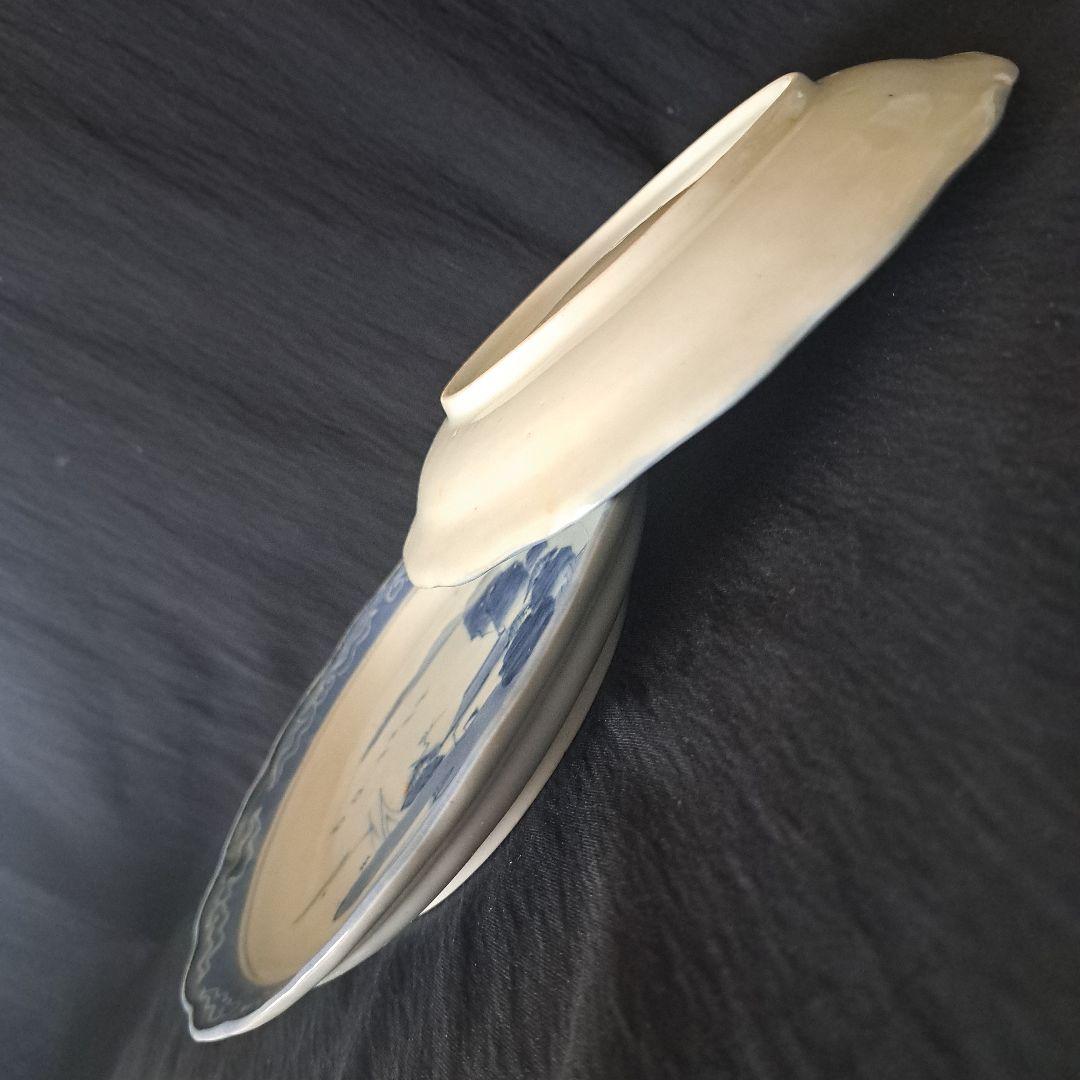 「青と白のコントラスト！ 山水画皿(直径18cm)」 古伊万里皿 2客セット 骨