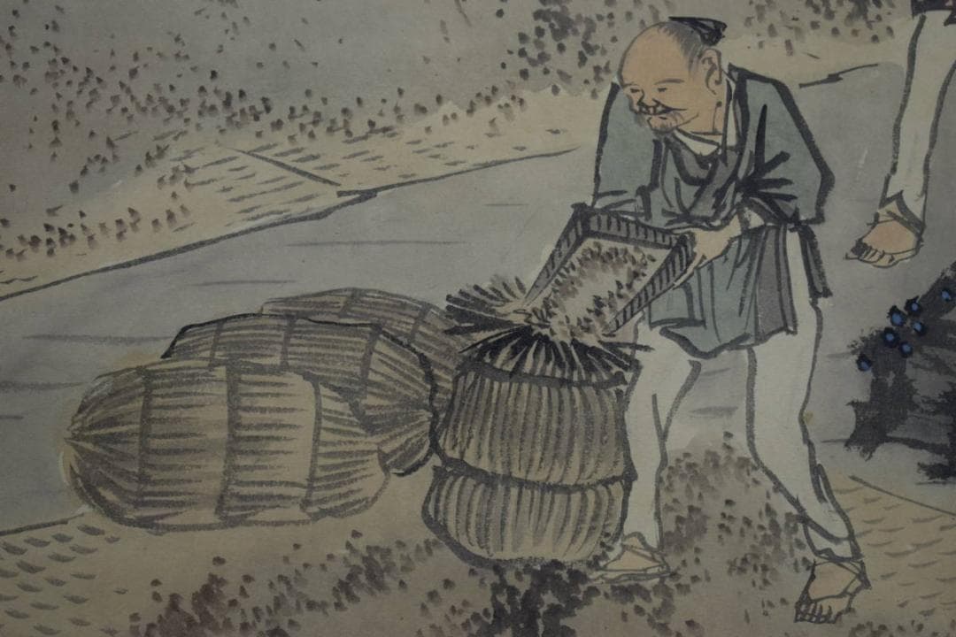 真作/景文/人物収穫図/農耕図/布袋屋掛軸HI-54