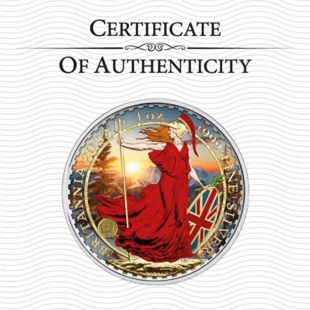 世界100枚限定 イギリス ブリタニア 銀貨 カラー 女神と自然の調和：冬の森