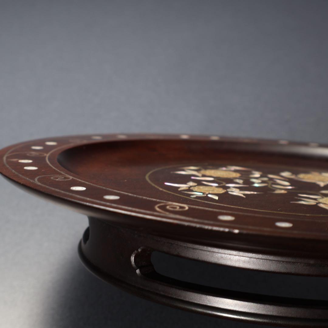 漆塗丸盆黄銅銀 螺鈿野菊文丸盆共箱吉本寿R1430お3