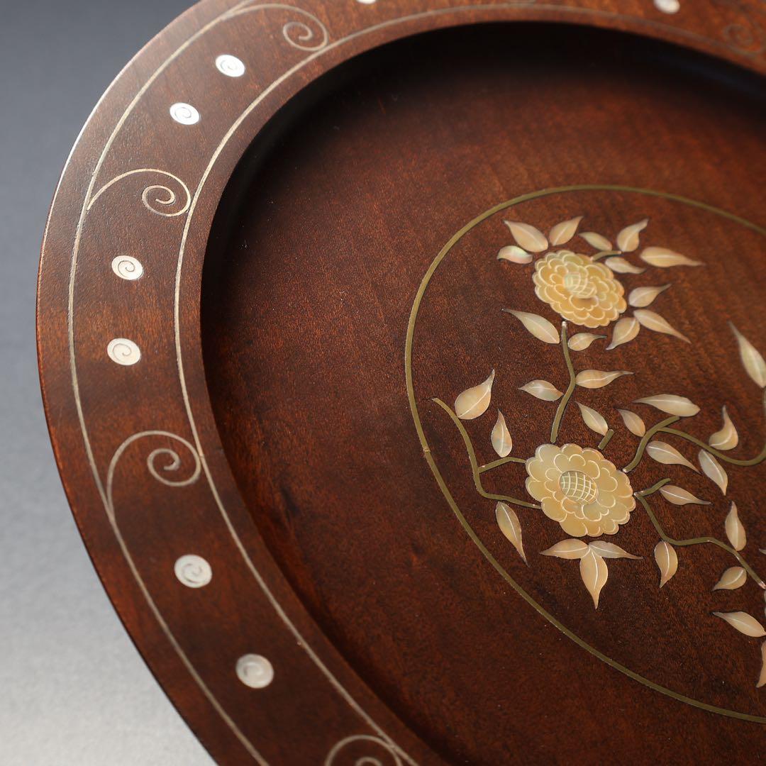 漆塗 丸盆 黄銅銀 螺鈿野菊文丸盆 共箱 吉本寿 R1430