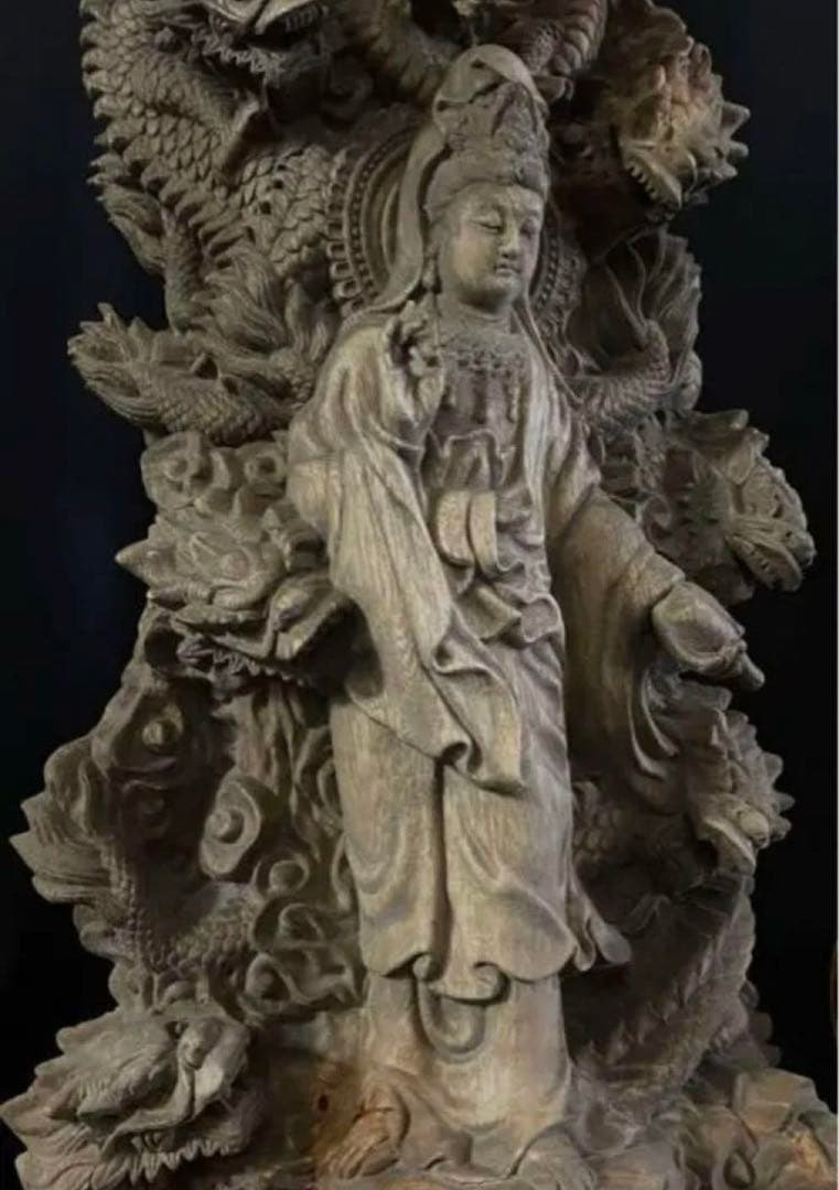 大型 高37cm 仏教工芸品 総楠製 井波彫刻 一刀彫 極上彫 九龍観音