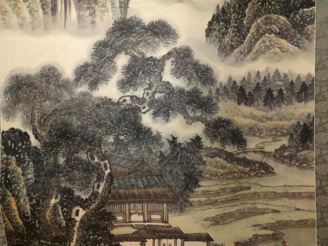 大軸掛軸 文晁『青緑山水図』日本画 絹本 肉筆 掛け軸 骨董品 古