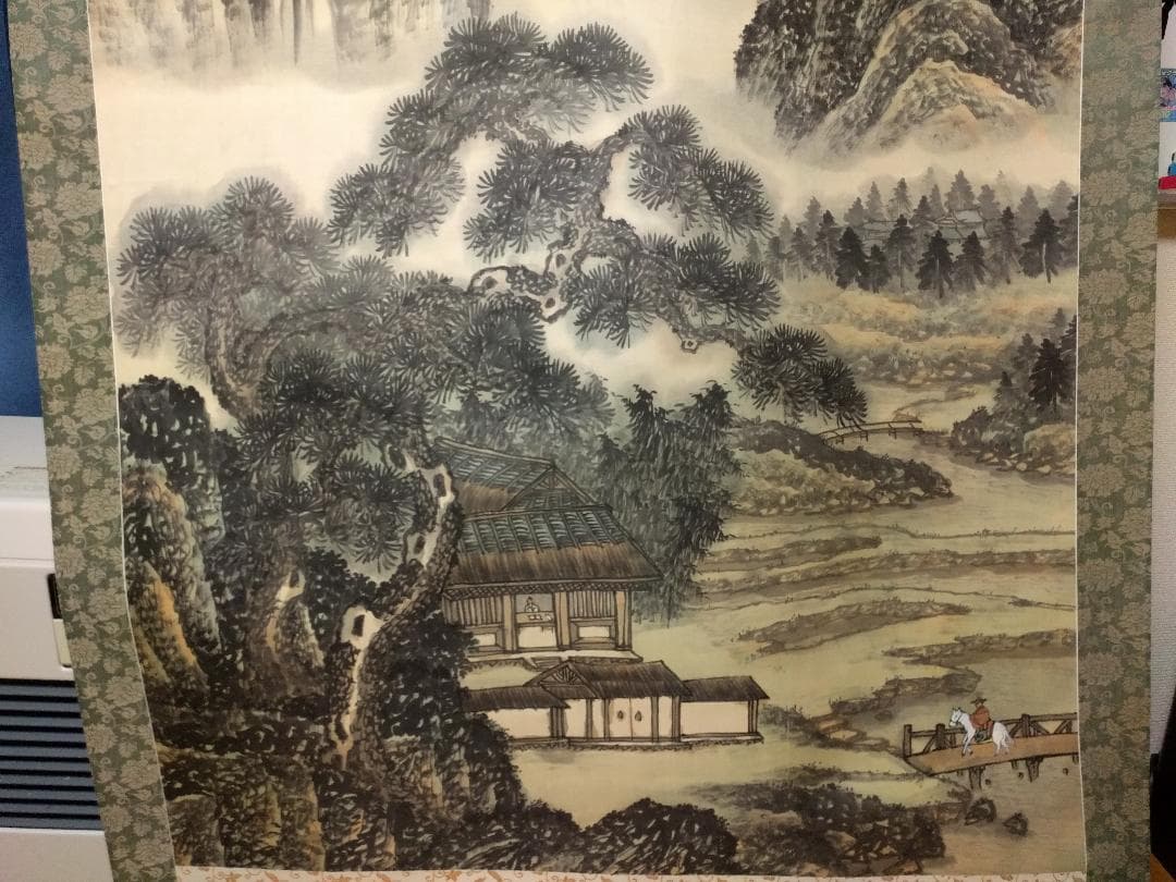 大軸掛軸 文晁『青緑山水図』日本画 絹本 肉筆 掛け軸 骨董品 古