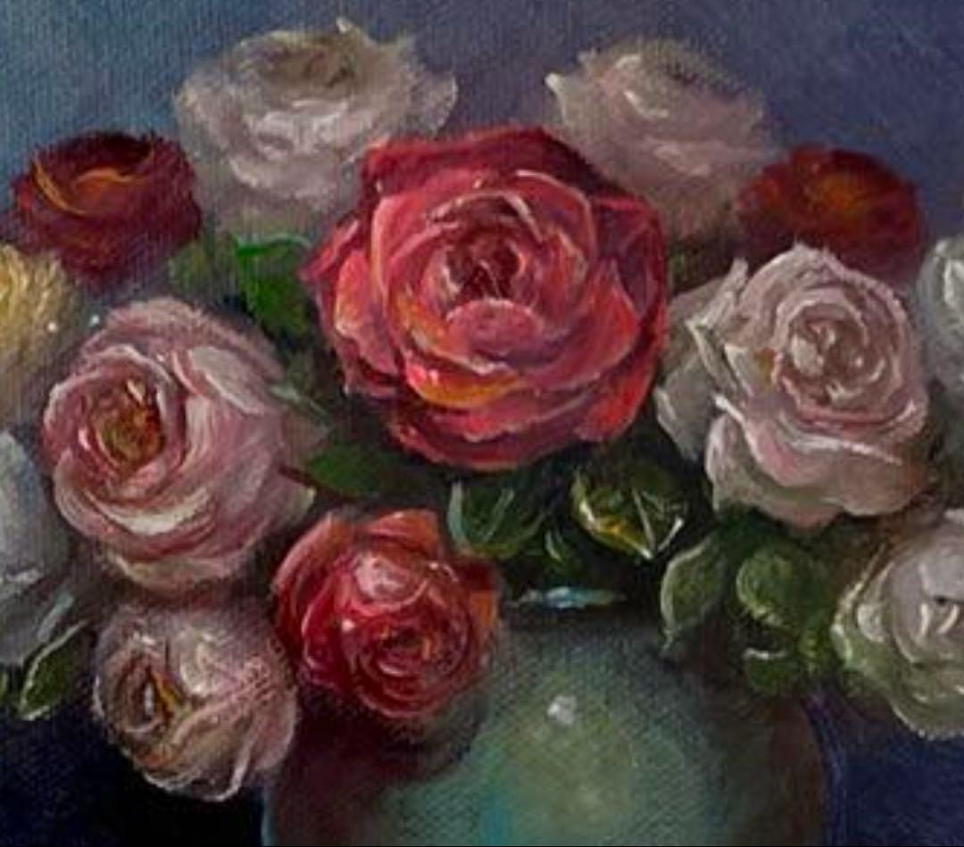 人気❣️バラの油絵　サイン有り　薔薇　SM モダン　額縁付　額無しOK❗️