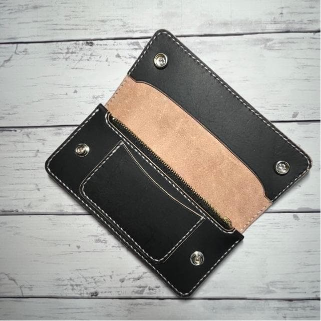 まーくん ロングトラッカーウォレット/姫路レザー茶芯黒色/ステッチ白色