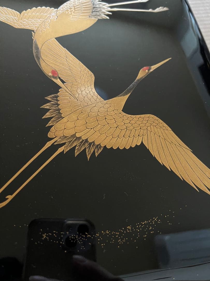 輪島塗　二羽鶴蒔絵付　硯箱　文箱　金箔装飾　木箱付き