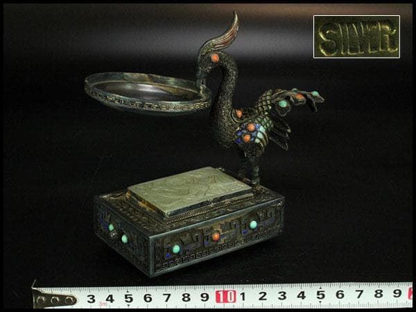 銀七宝 鳳 和田玉 白玉刻花鳥 宝石 珊瑚 象嵌 花鳥 饕餮(K-A156) 銀七宝 鳳 和田玉 白玉刻花鳥 宝石 珊瑚 象嵌 花鳥 饕餮(K-A156