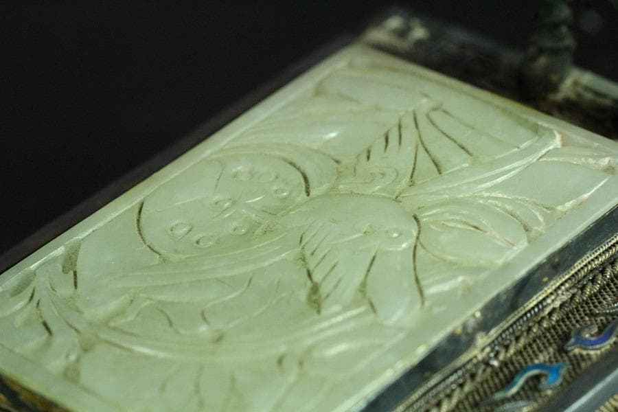 銀七宝 鳳 和田玉 白玉刻花鳥 宝石 珊瑚 象嵌 花鳥 饕餮(K-A156