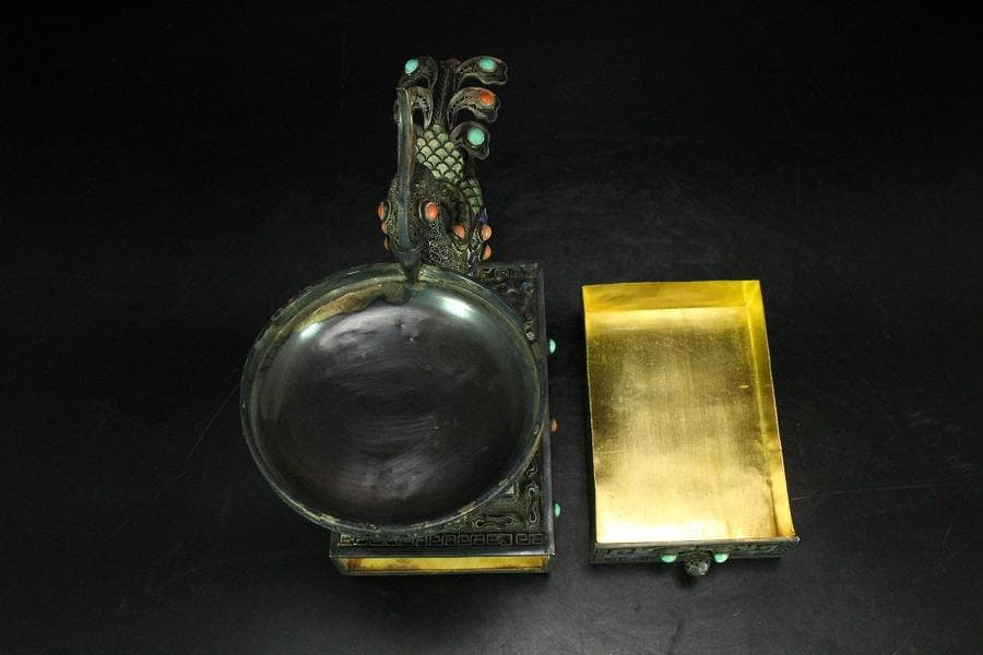 銀七宝 鳳 和田玉 白玉刻花鳥 宝石 珊瑚 象嵌 花鳥 饕餮(K-A156