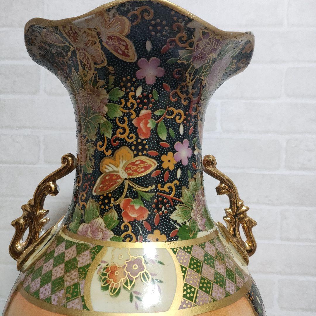 中国美術 大型飾り壺 双耳大花瓶 金彩 美人画 花鳥蝶 豪華爛漫 60cm