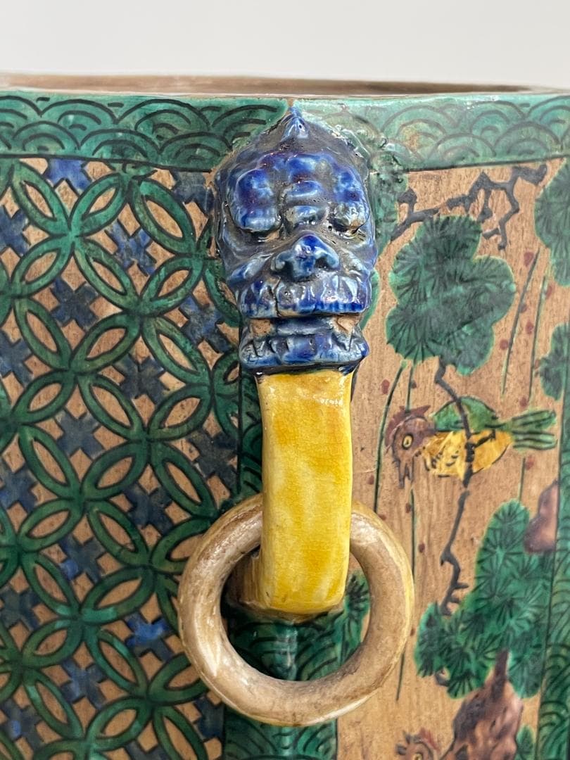 希少 古九谷 青九谷 青手 香炉 角福 1800年 香炉 鳳凰 獅子 吉田屋