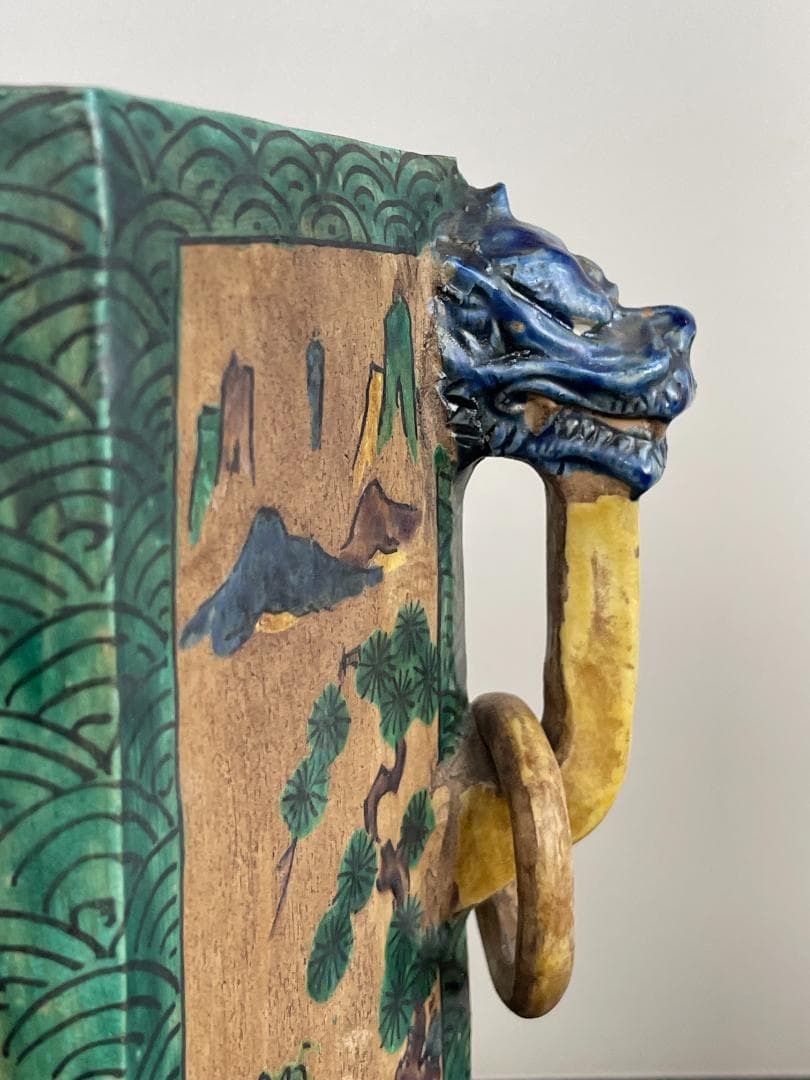 希少 古九谷 青九谷 青手 香炉 角福 1800年 香炉 鳳凰 獅子 吉田屋