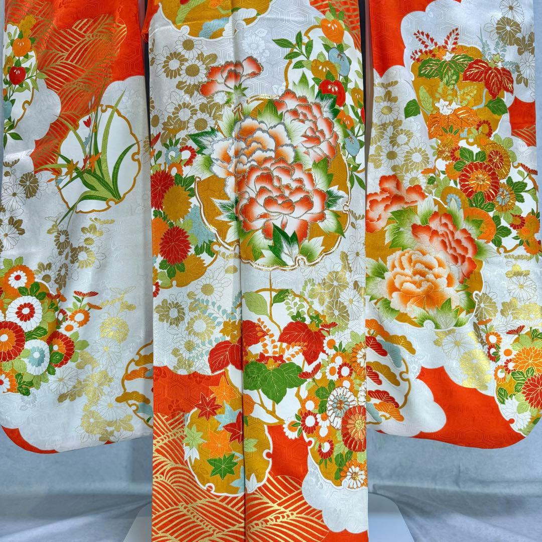振袖フルセット 古典柄 トールサイズ 161〜171 白地オレンジ 正絹 成人