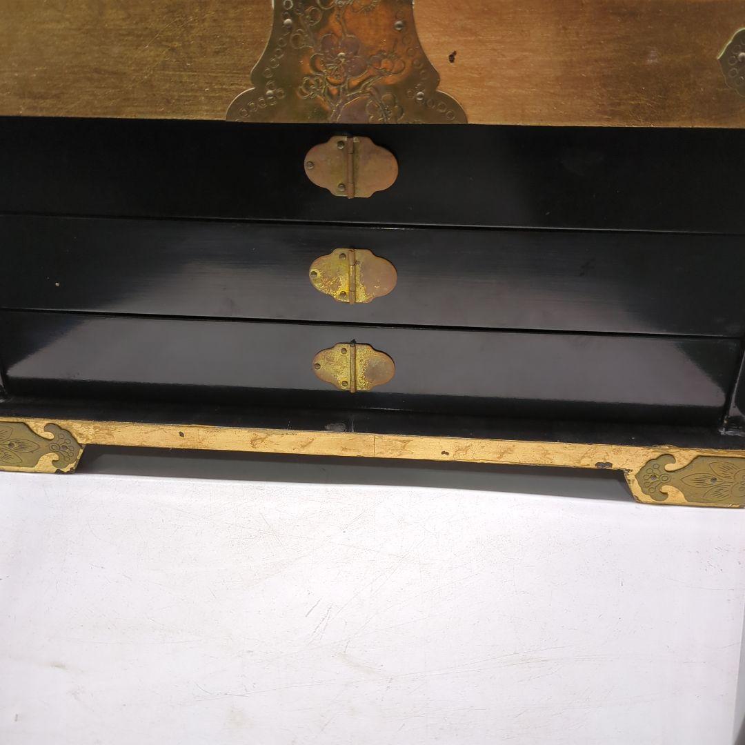 金箔装飾 花鳥模様 漆塗り　金色箱　宝石箱　骨董品　時代物　旧家　初出　蔵出