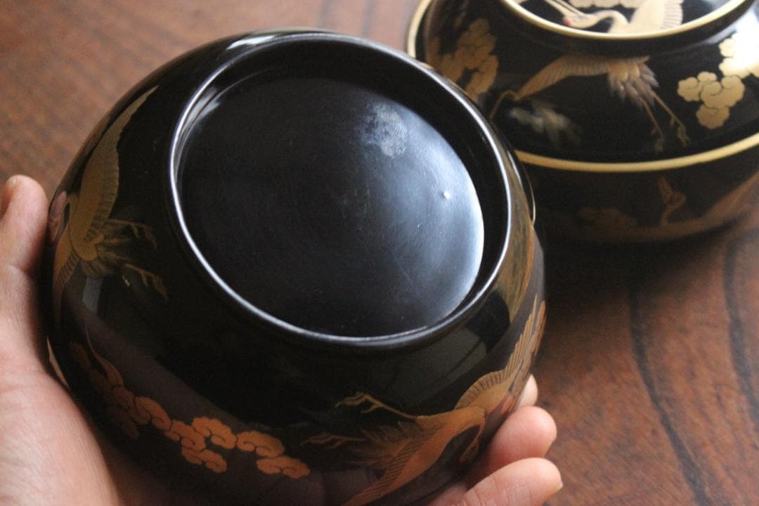 高台縁傷のみ！時代金縁黒漆に極上雲鶴蒔絵の映える煮物椀2点（検京塗輪島塗雑煮椀