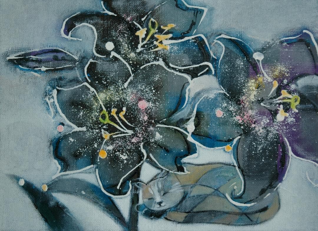 油絵 菅家令子 絵 絵画インテリア 額付(黒) F4-050620 子猫のお昼寝