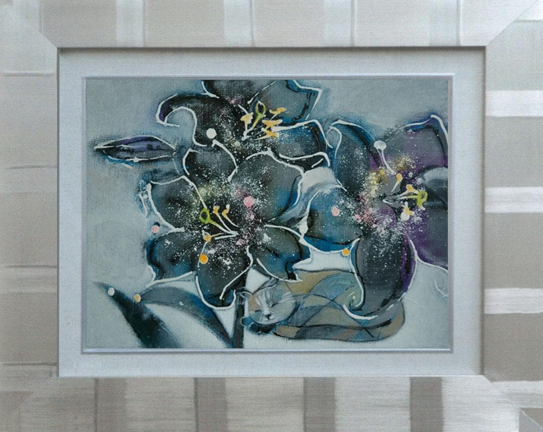 油絵 菅家令子 絵 絵画インテリア 額付(黒) F4-050620 子猫のお昼寝