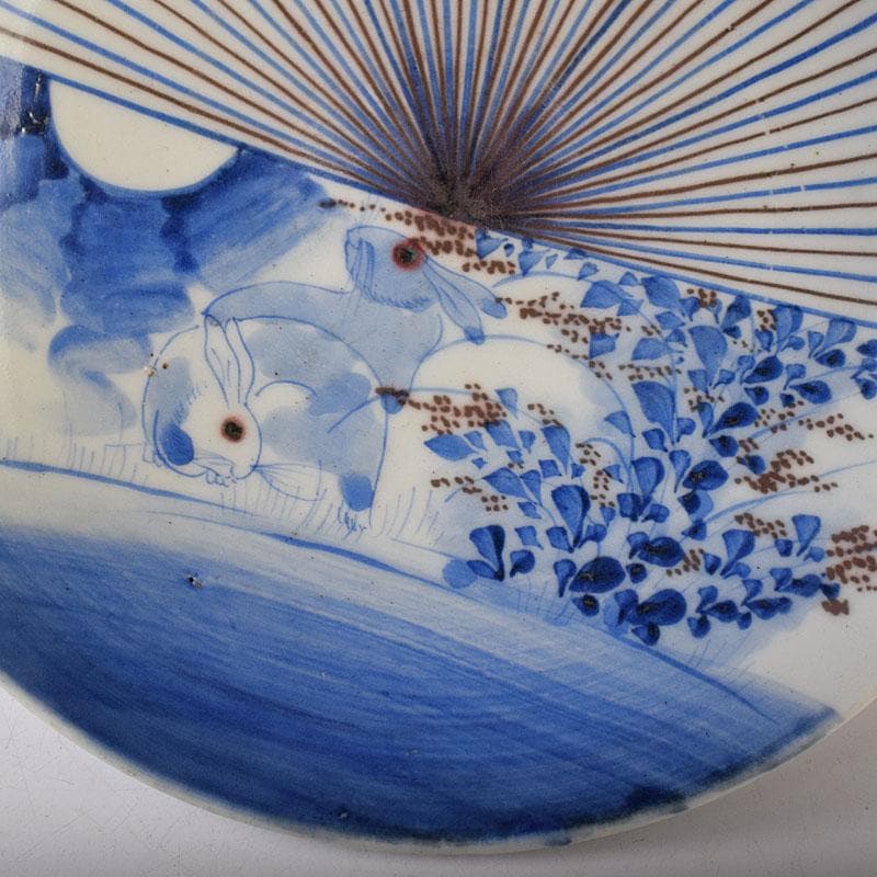 k8t　伊万里焼　古伊万里　染付　乱線草兎花文　高台皿　7692