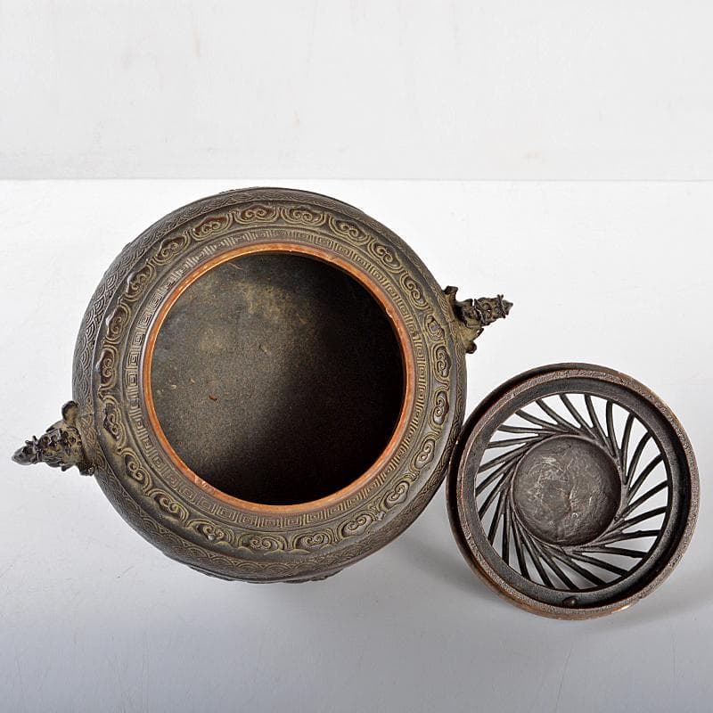 高岡銅器 米田秀保作 蝋型鋳銅 獅子摘 山水鳥文 双龍