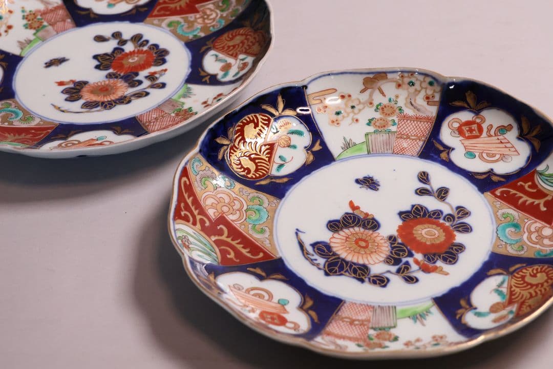 【CM119】古伊万里 色絵 中皿 2枚 盛皿 幅22.3cm 錦手 花鳥 草花