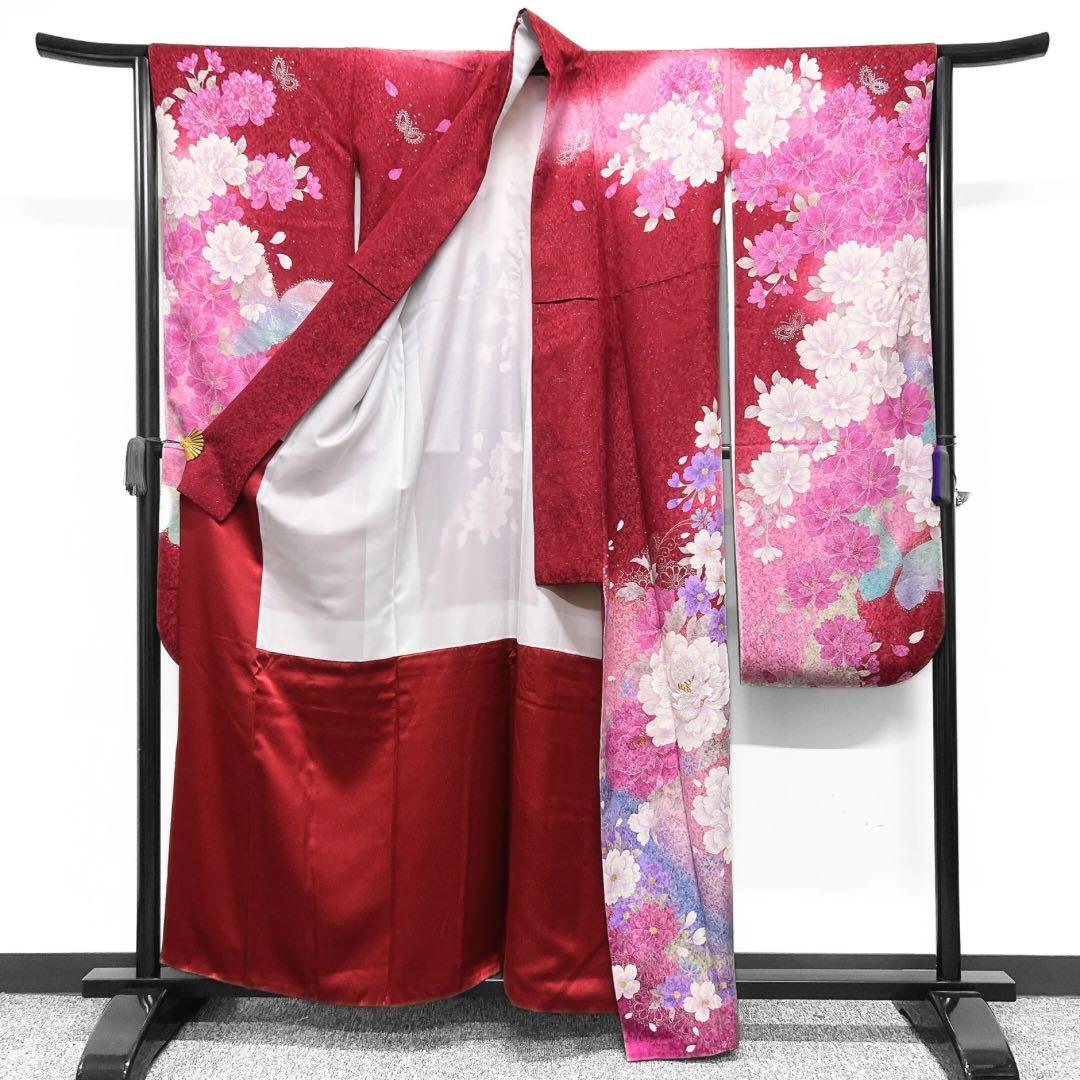 成人式振袖正絹銀通し牡丹、桜花車に鞠刺繍S〜Mサイズ未使用品261)