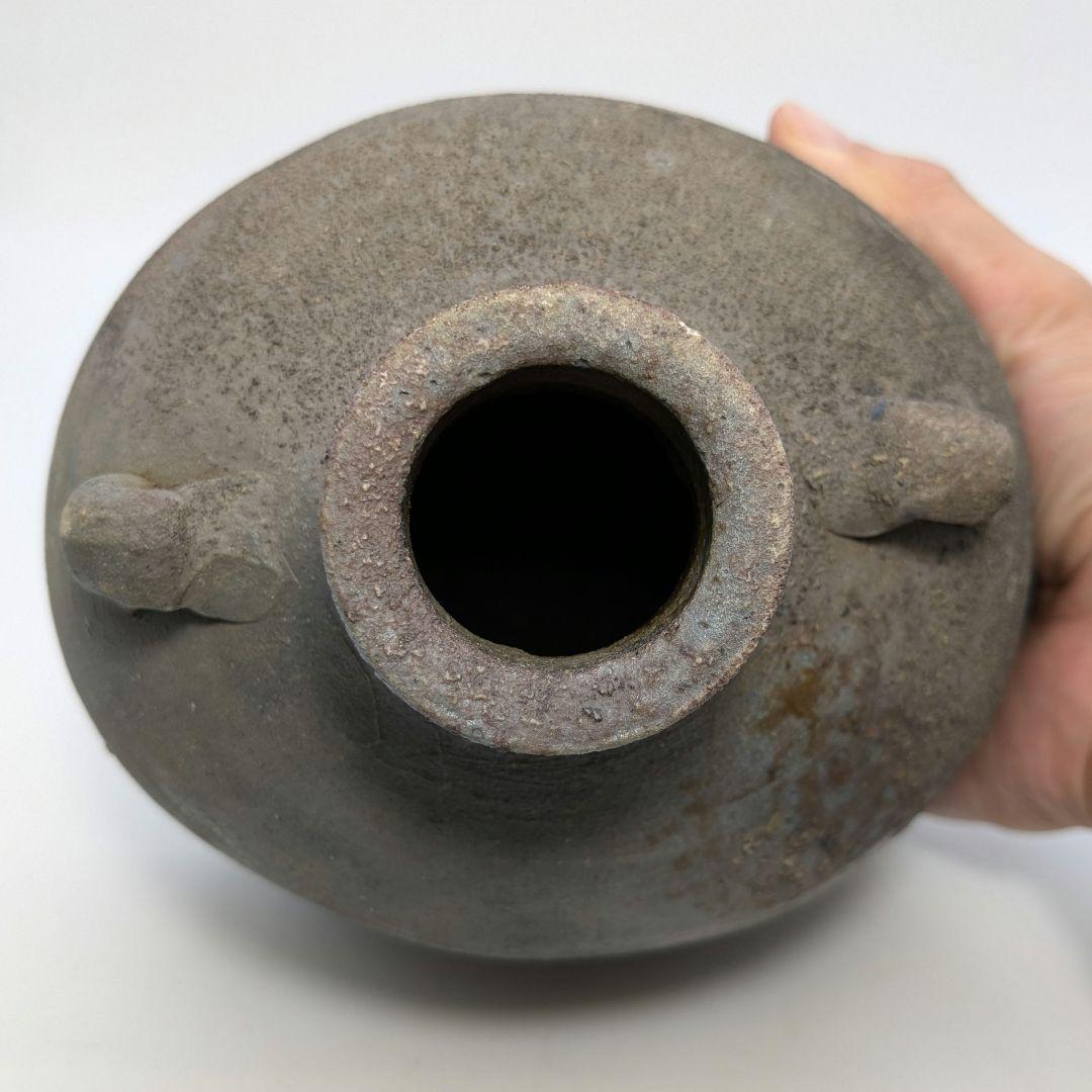 人間国宝 伊勢崎淳 備前焼 窯変扁壺 用心箱 扁壷 花器 耳付花入