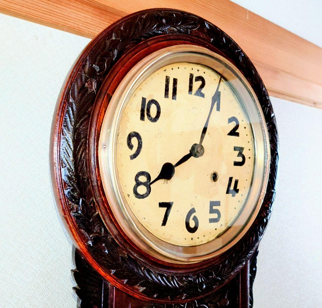 〈稼働・美品〉横浜エムズイ商会　鎌倉彫り装飾ひまわり型ゼンマイ振り子時計　古時計