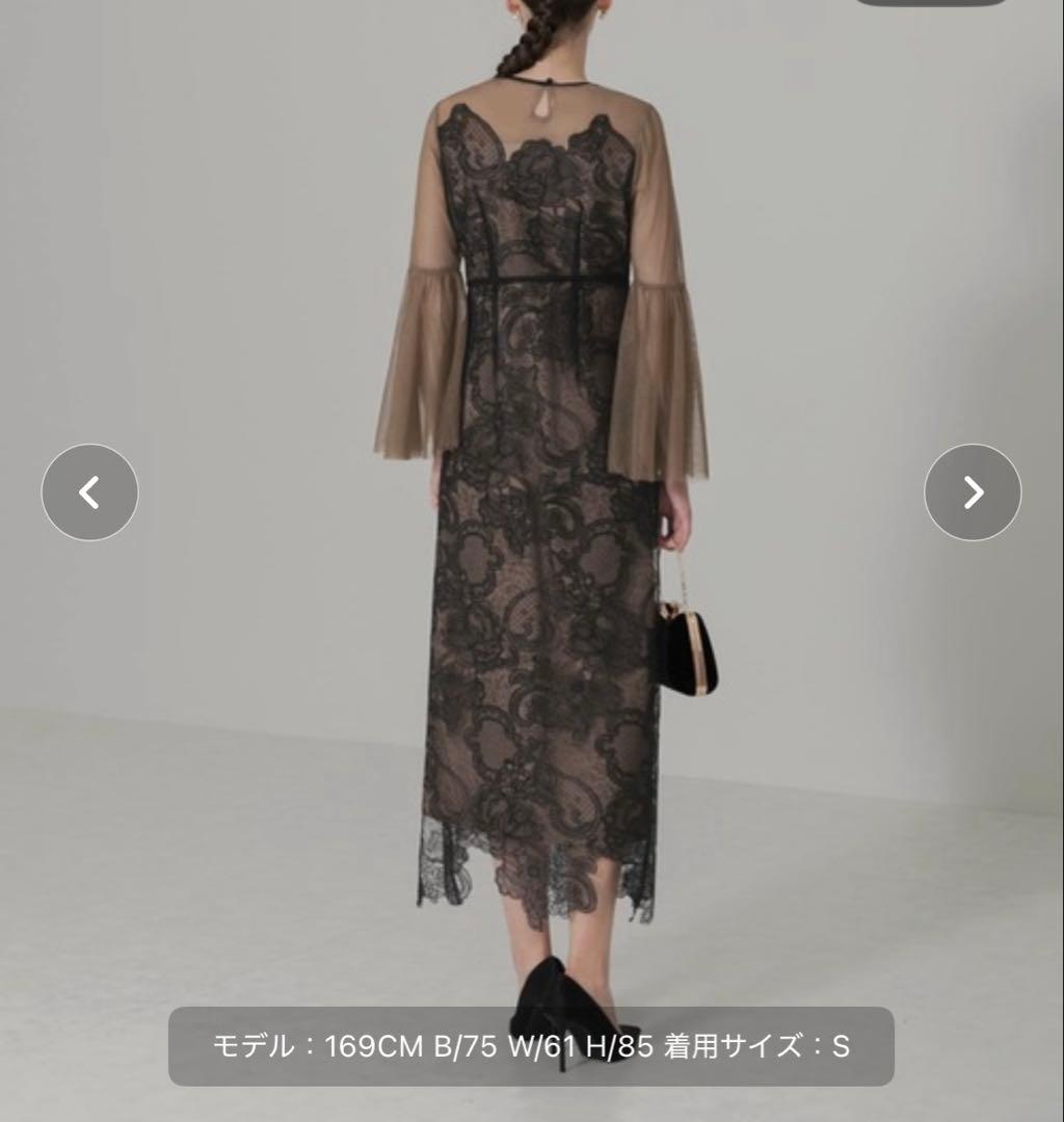 LEJA 異素材シアー刺繍レース透け感プリーツスリーブロング丈ドレスワンピースM