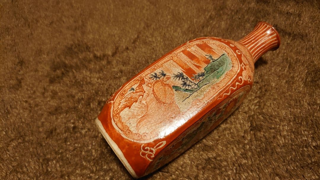 九谷焼　民山　赤絵　徳利　華の図　１客