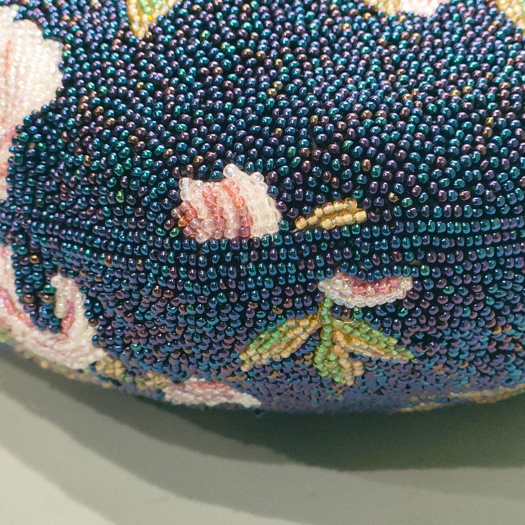 総ビーズバッグ レトロデザイン バラ柄 ネイビー ハンドバッグ