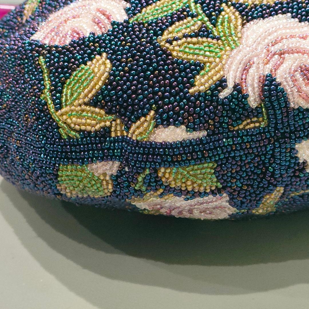 総ビーズバッグ レトロデザイン バラ柄 ネイビー ハンドバッグ