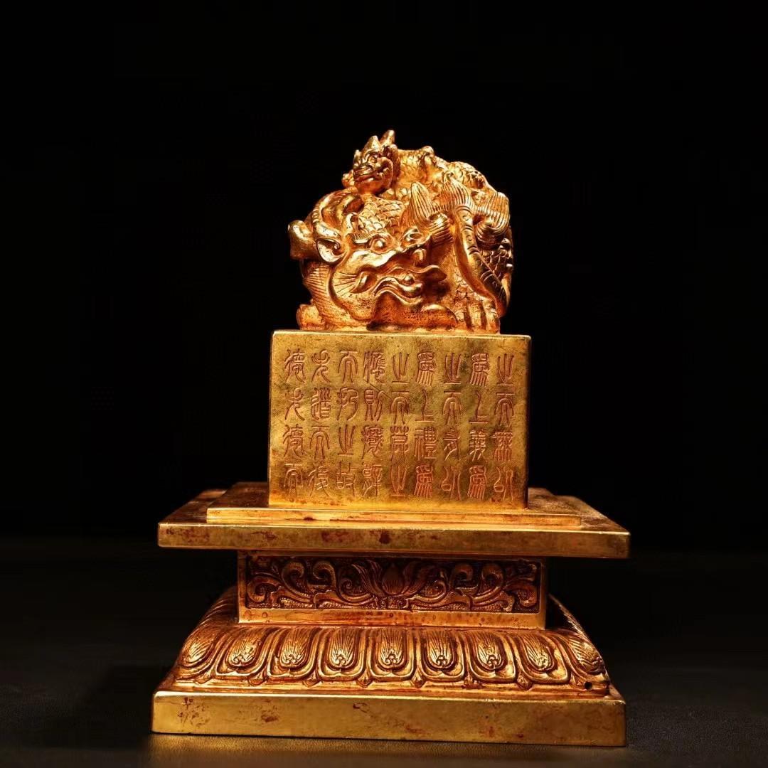 中国古美術・旧蔵鏨刻鎏金錾花の親子印鑑・純銅赤銅製・高浮彫・置物・書道具・文房具